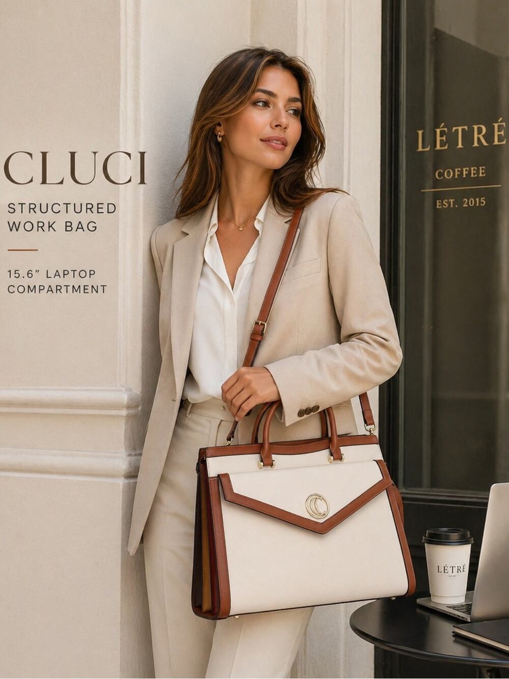 Tan Cream Laptop Briefcase Structured Work Tote 15.6”